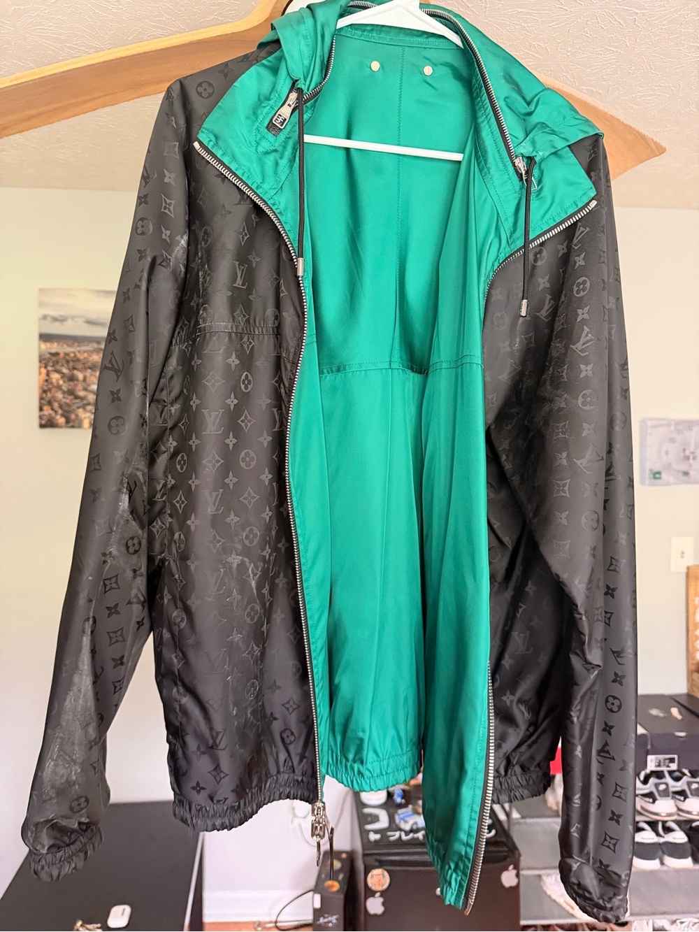 Louis Vuitton Black Monogram Windbreaker with Green Interior